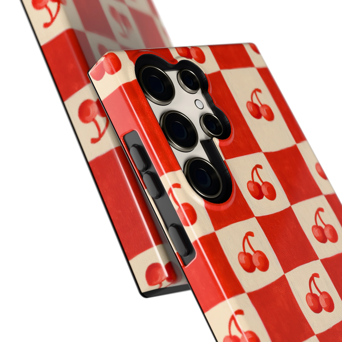 Kersen Schaakbord hoesje voor Galaxy S23 Ultra, close-up