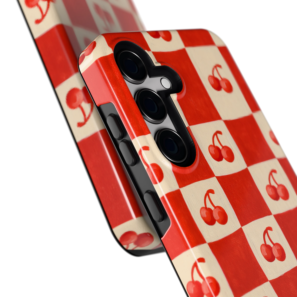 Kersen Schaakbord hoesje voor Galaxy S24, close-up