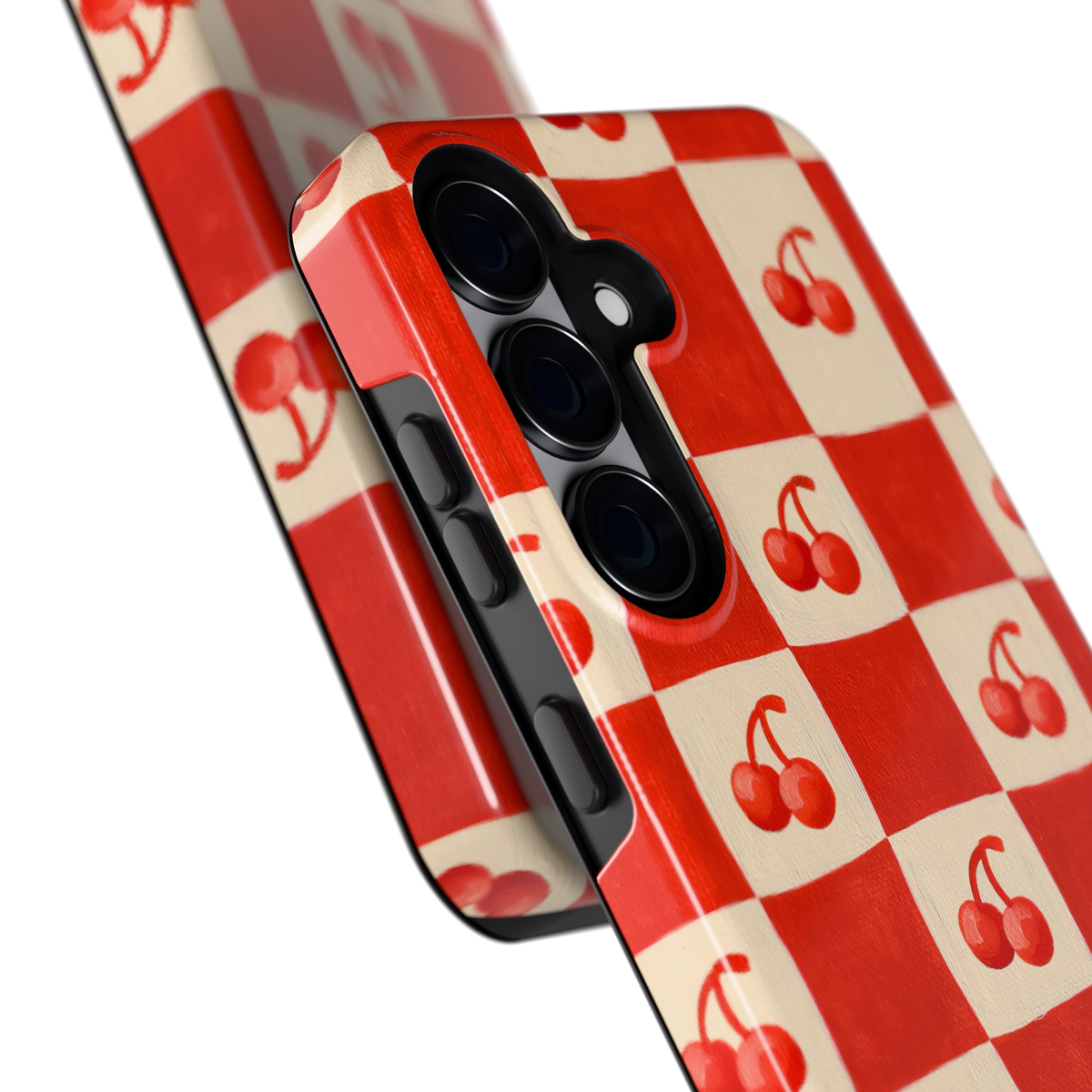 Kersen Schaakbord hoesje voor Galaxy S25, close-up