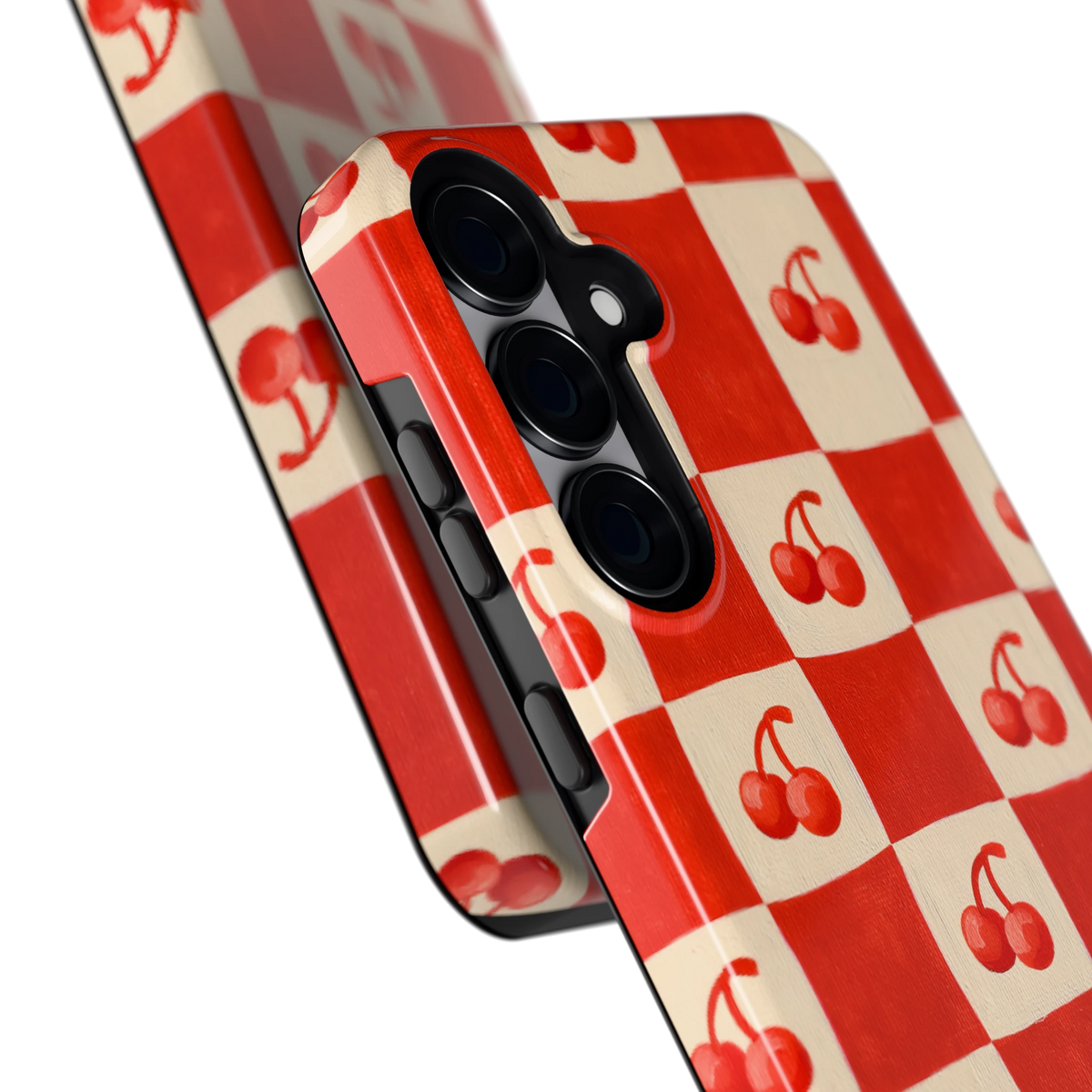 Kersen Schaakbord hoesje voor Galaxy S25+, close-up