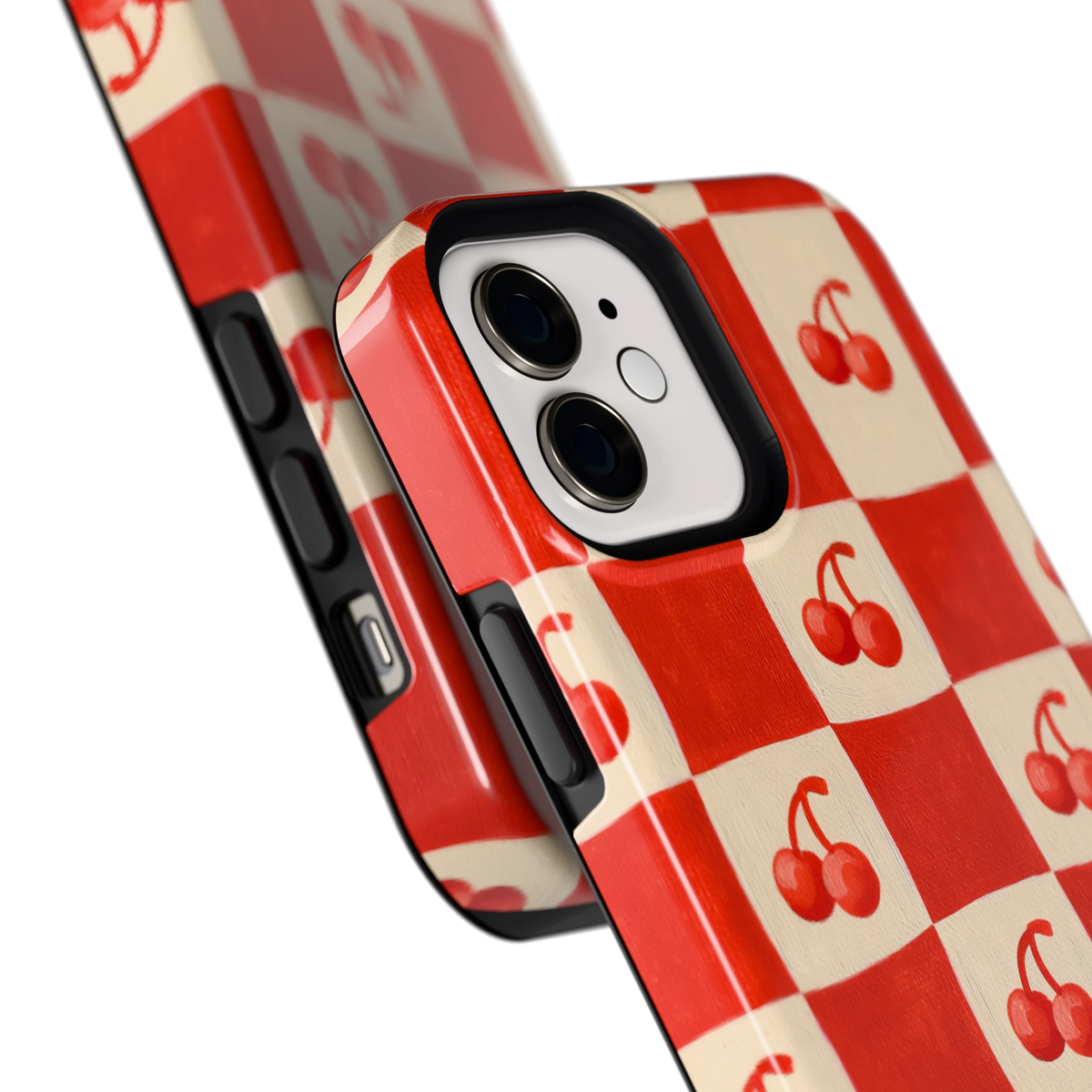 Kersen Schaakbord hoesje voor iPhone 12, close-up