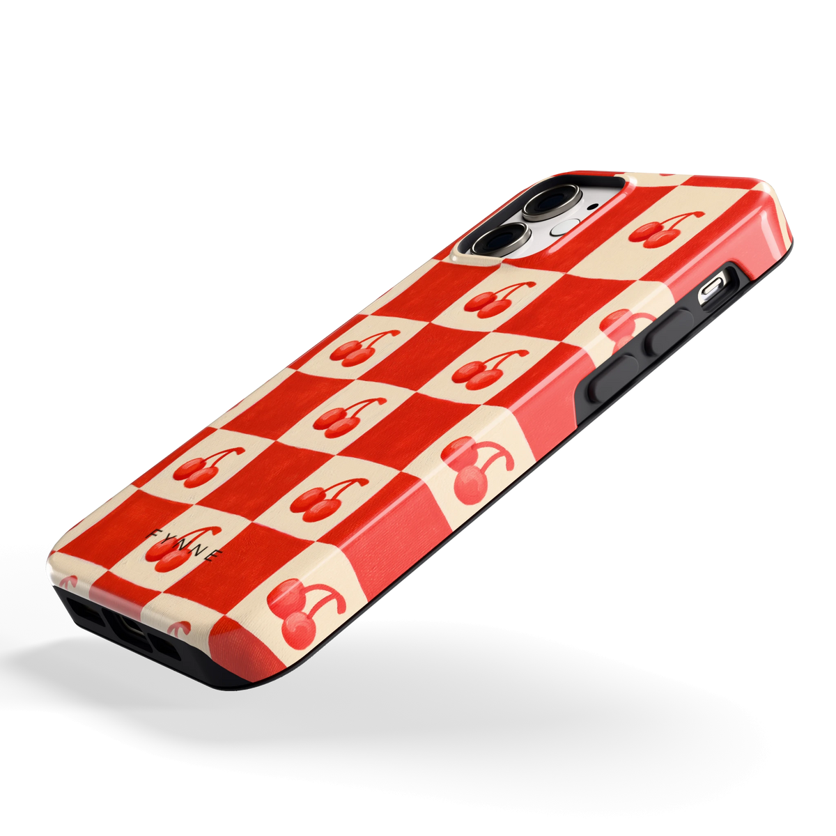 Kersen Schaakbord hoesje voor iPhone 12 mini, schuin