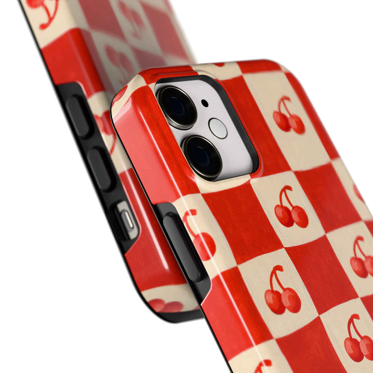 Kersen Schaakbord hoesje voor iPhone 12 mini, close-up