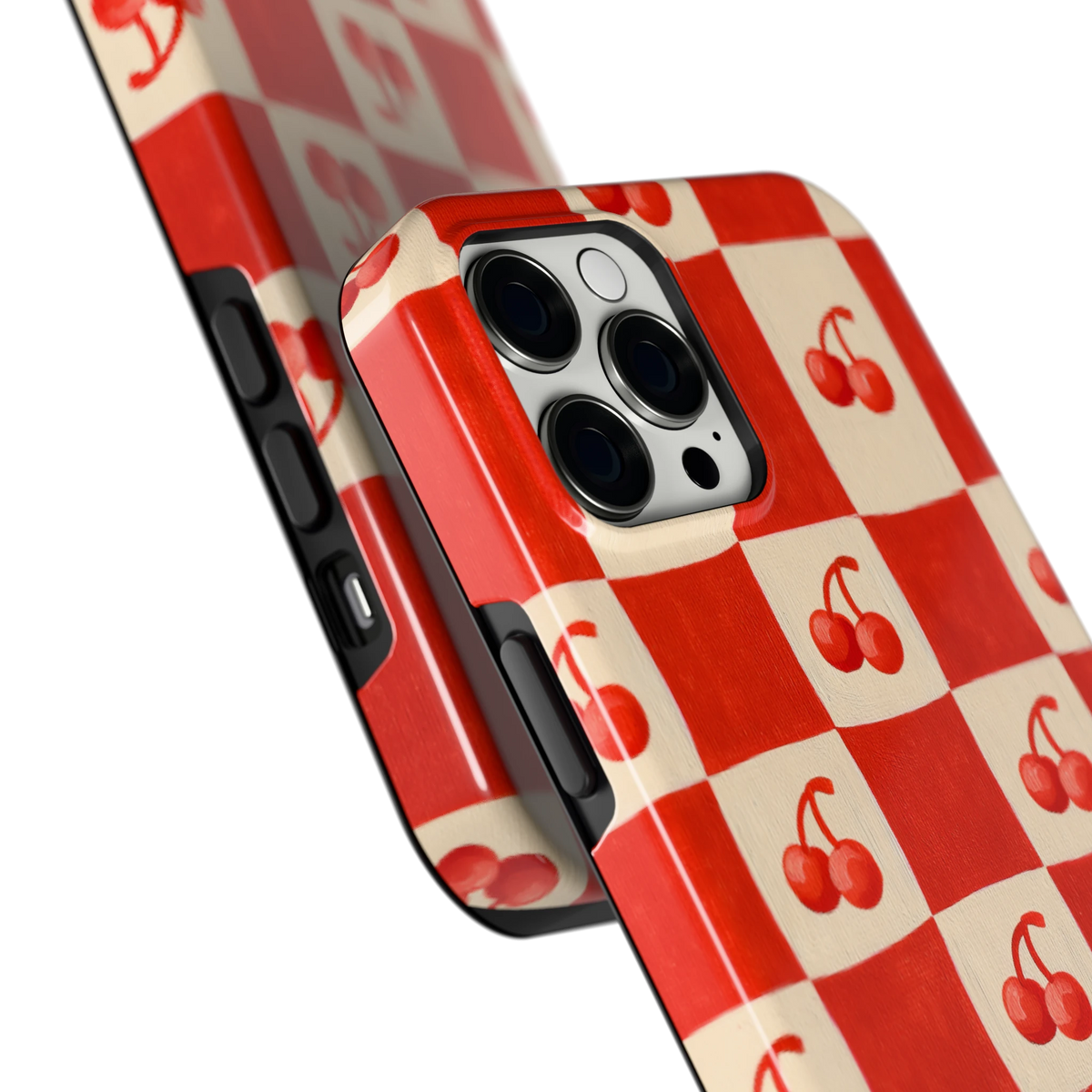 Kersen Schaakbord hoesje voor iPhone 12 Pro Max, close-up
