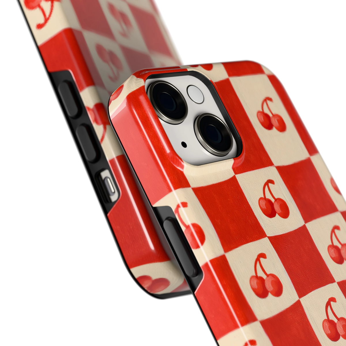Kersen Schaakbord hoesje voor iPhone 14, close-up