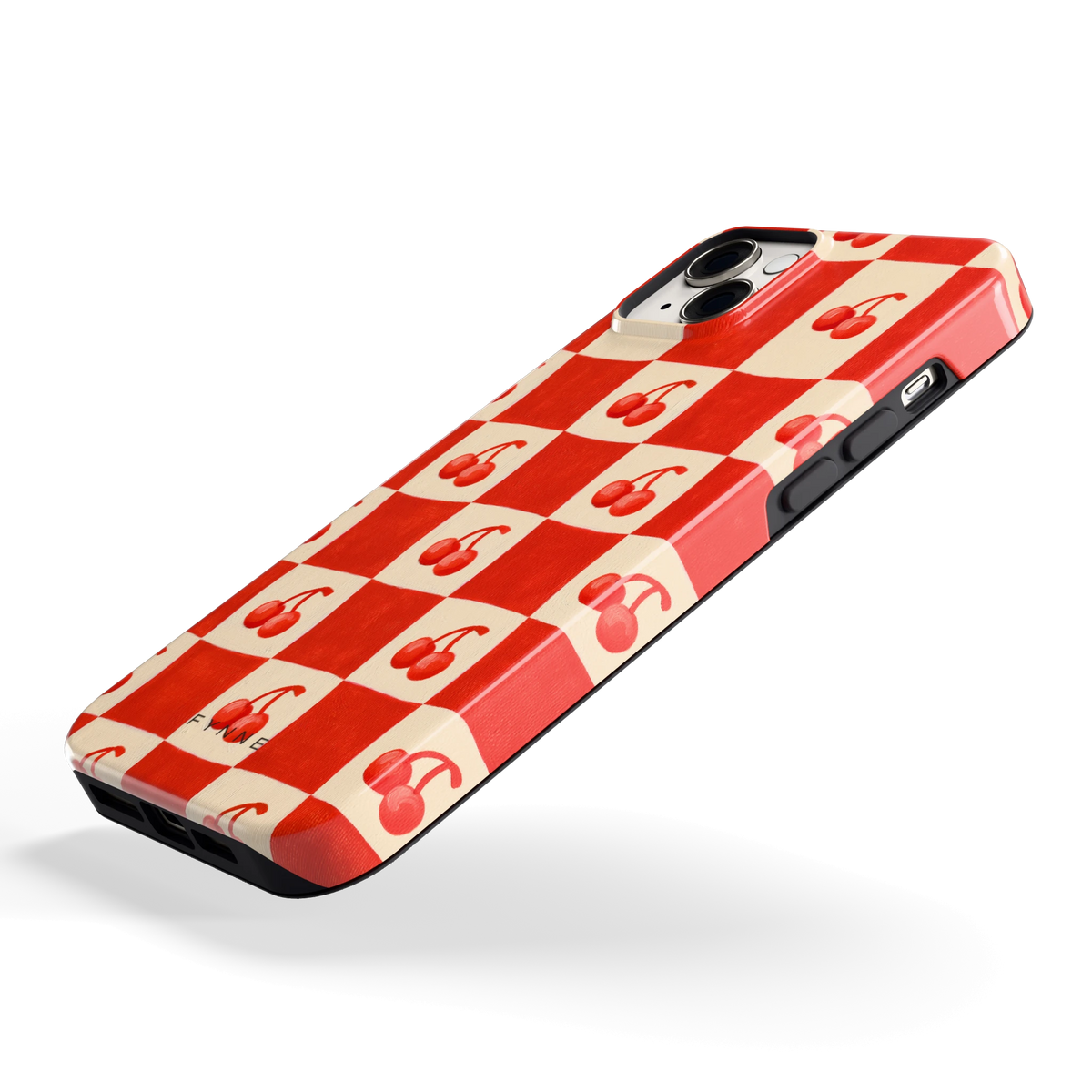 Kersen Schaakbord hoesje voor iPhone 14 Plus, schuin