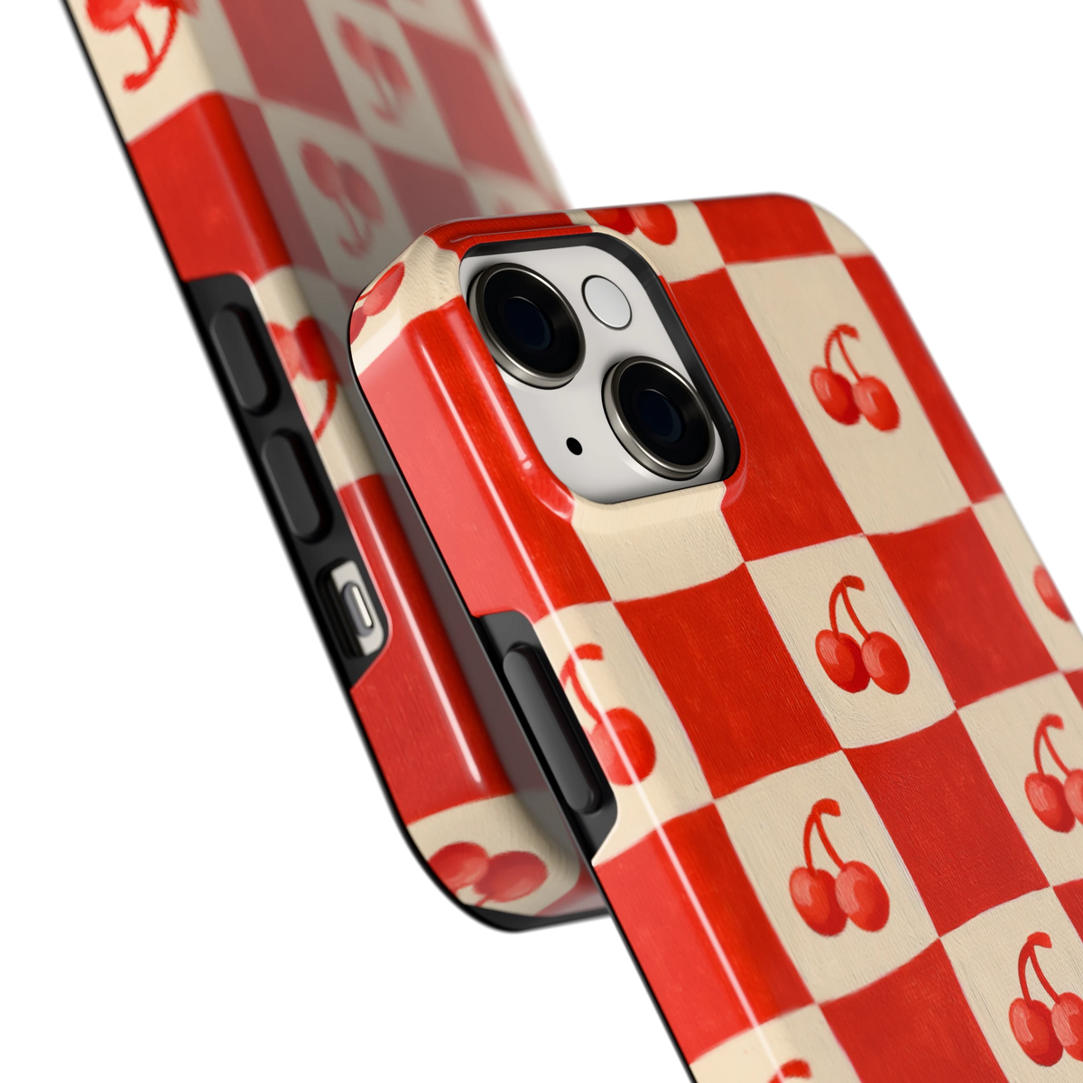 Kersen Schaakbord hoesje voor iPhone 14 Plus, close-up