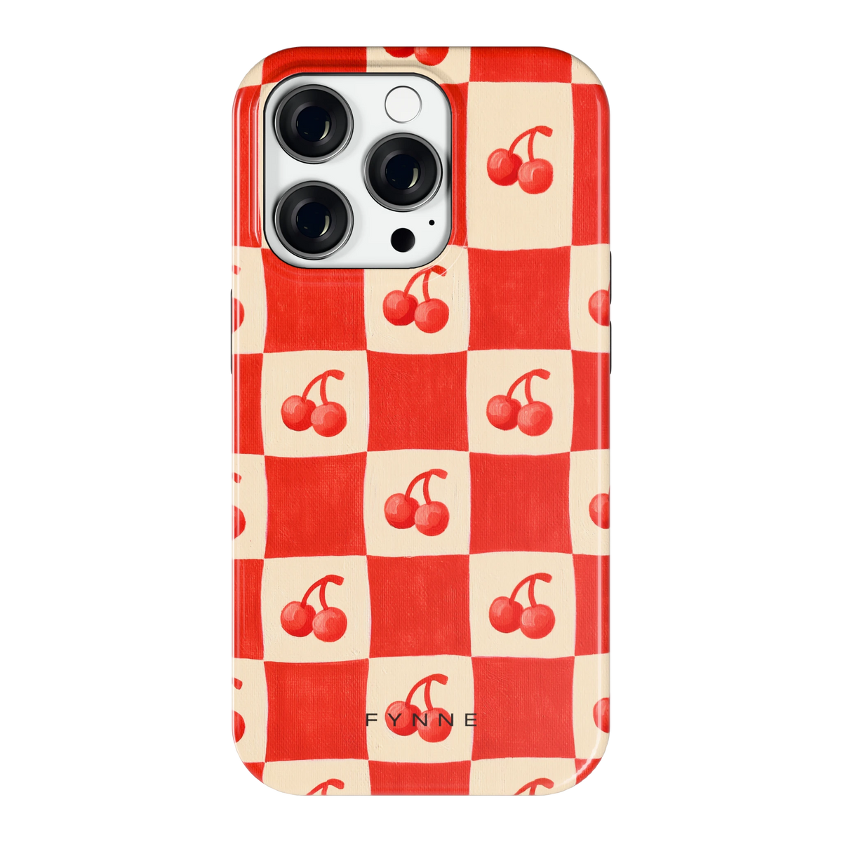 Kersen Schaakbord hoesje voor iPhone 14 Pro, achterkant