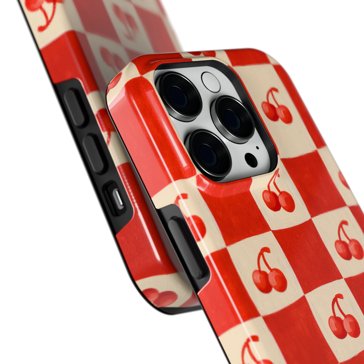 Kersen Schaakbord hoesje voor iPhone 14 Pro, close-up