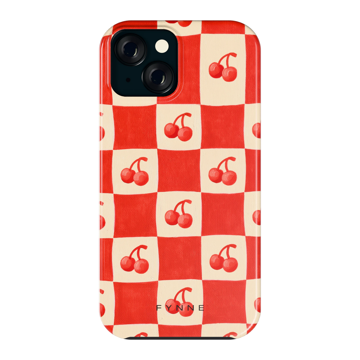 Kersen Schaakbord hoesje voor iPhone 15, achterkant