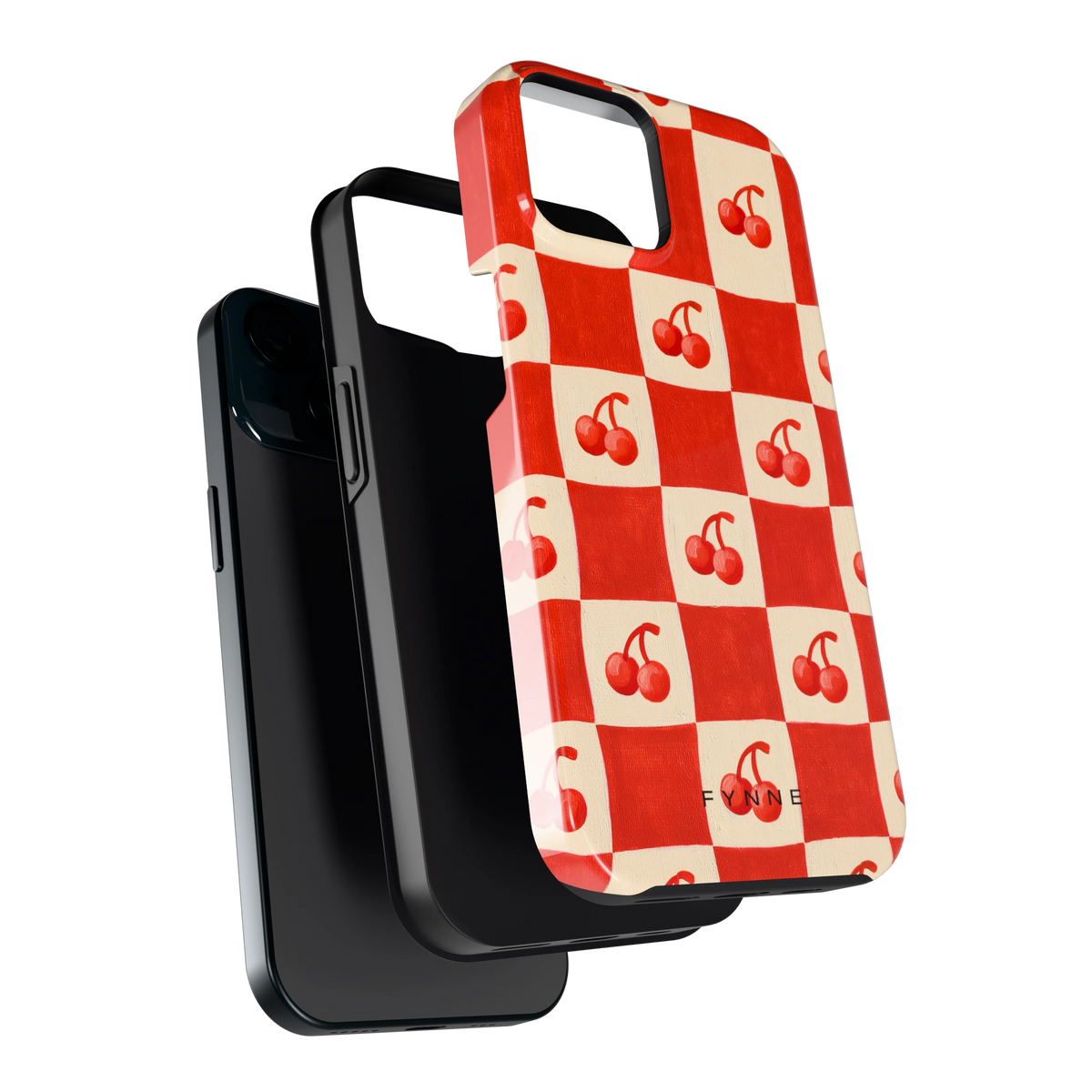 Kersen Schaakbord hoesje voor iPhone 15, los van de telefoon