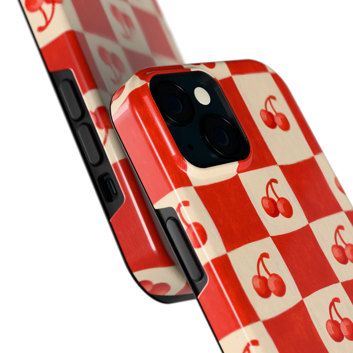 Kersen Schaakbord hoesje voor iPhone 15, close-up