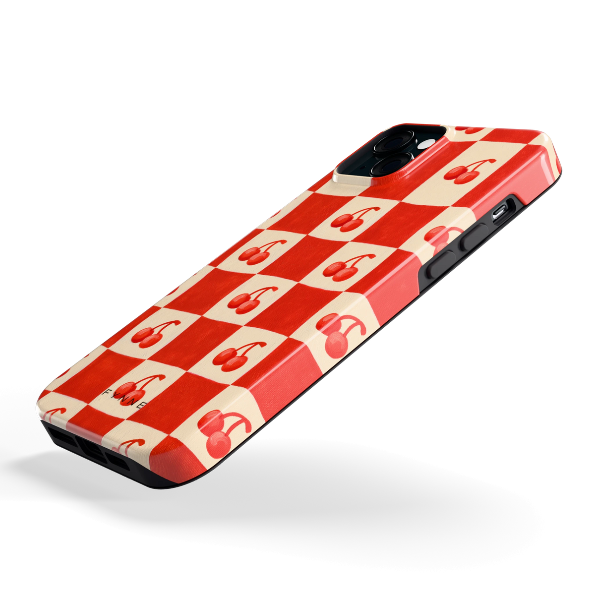 Kersen Schaakbord hoesje voor iPhone 15 Plus, schuin