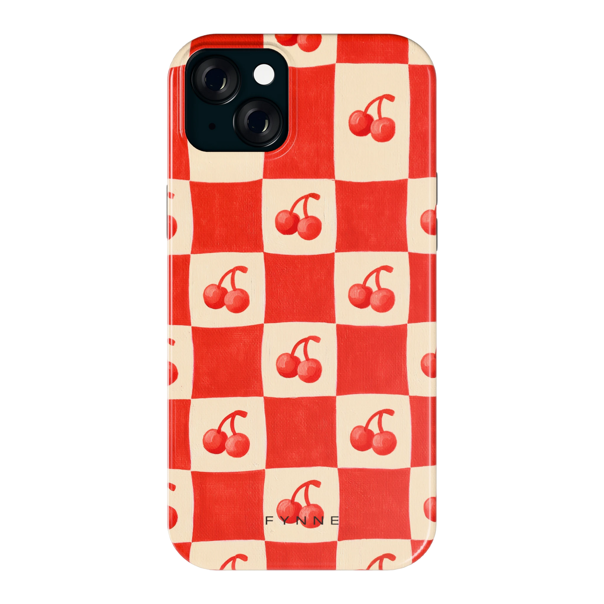 Kersen Schaakbord hoesje voor iPhone 15 Plus, achterkant