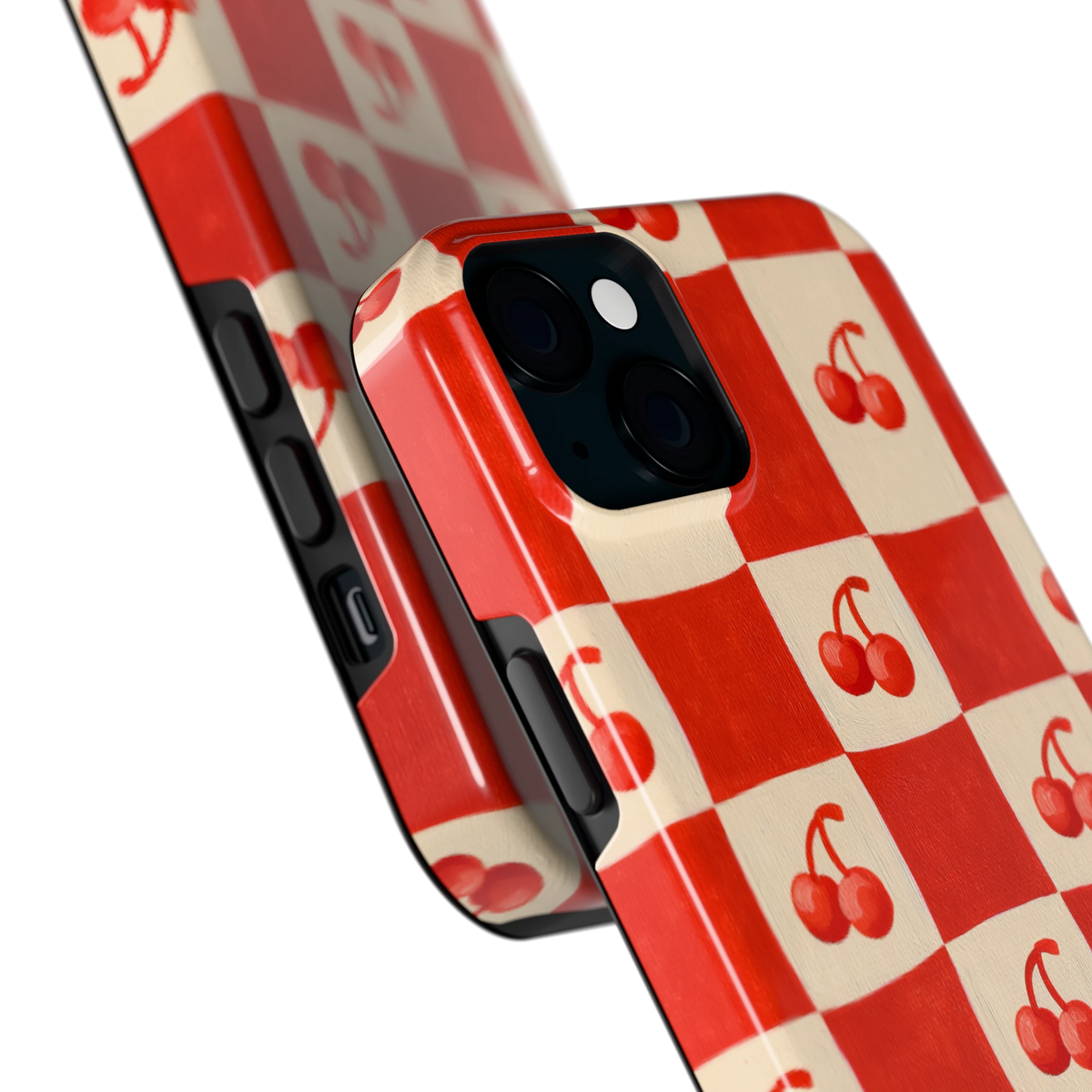Kersen Schaakbord hoesje voor iPhone 15 Plus, close-up