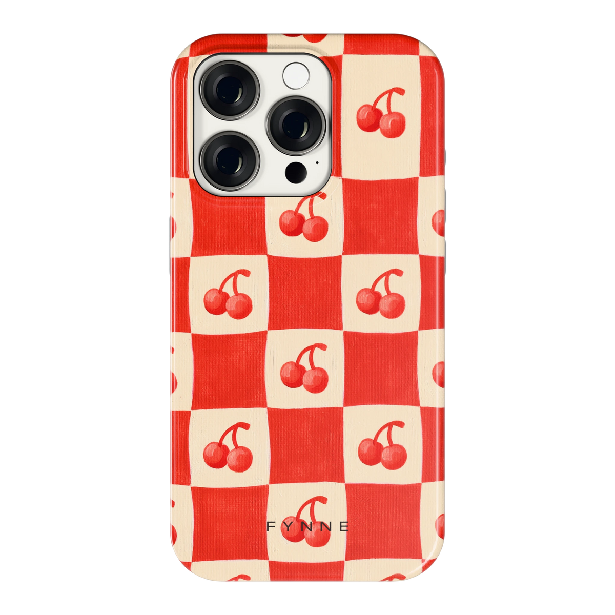 Kersen Schaakbord hoesje voor iPhone 15 Pro, achterkant