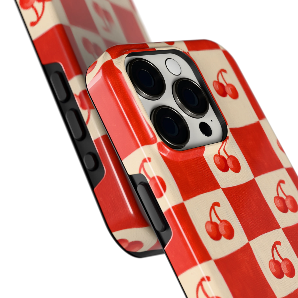 Kersen Schaakbord hoesje voor iPhone 15 Pro, close-up