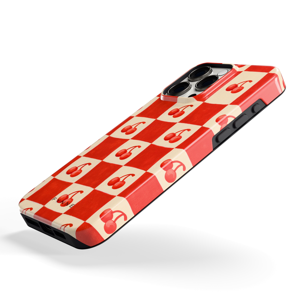 Kersen Schaakbord hoesje voor iPhone 15 Pro Max, schuin