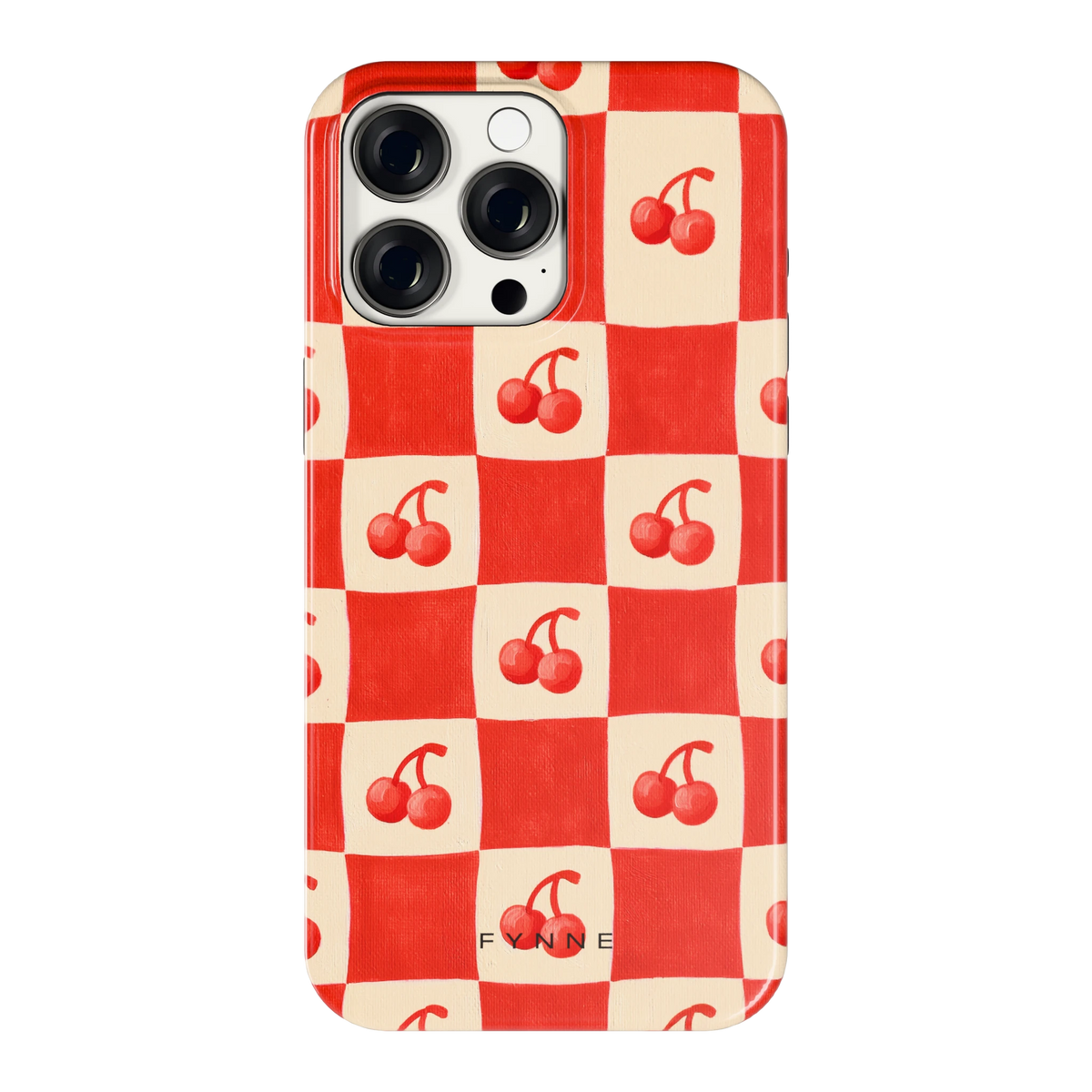 Kersen Schaakbord hoesje voor iPhone 15 Pro Max, achterkant