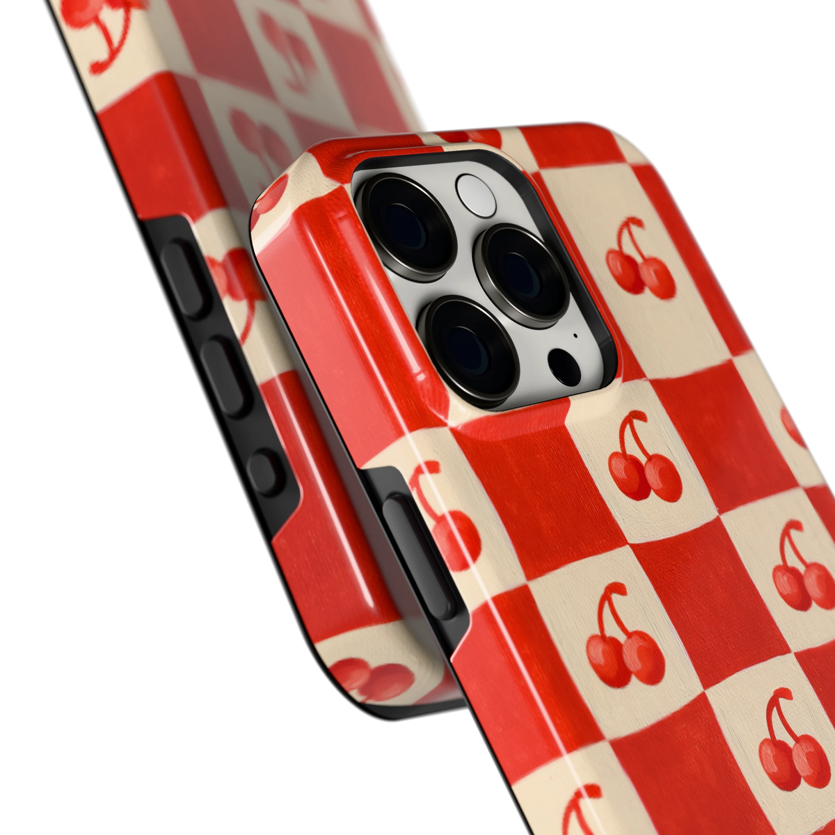 Kersen Schaakbord hoesje voor iPhone 15 Pro Max, close-up