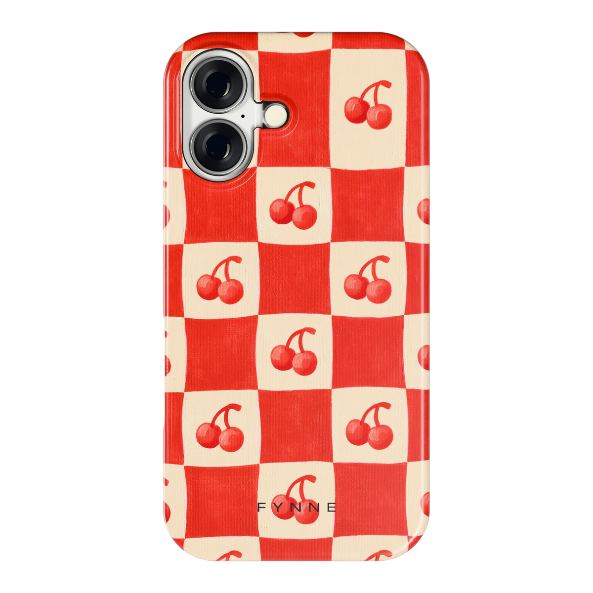 Kersen Schaakbord hoesje voor iPhone 16, achterkant