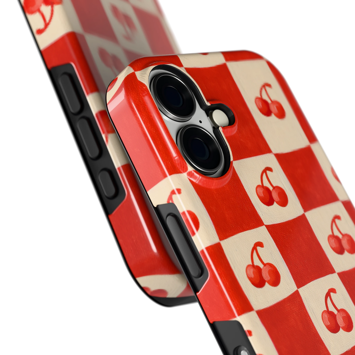 Kersen Schaakbord hoesje voor iPhone 16, close-up