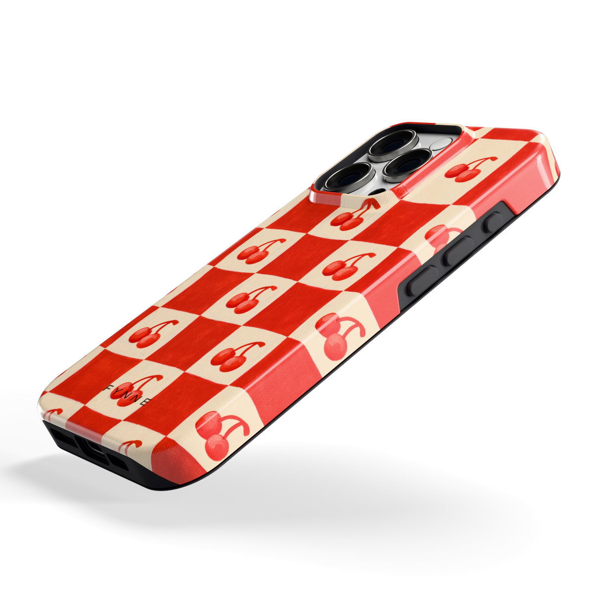 Kersen Schaakbord hoesje voor iPhone 16 Pro, schuin