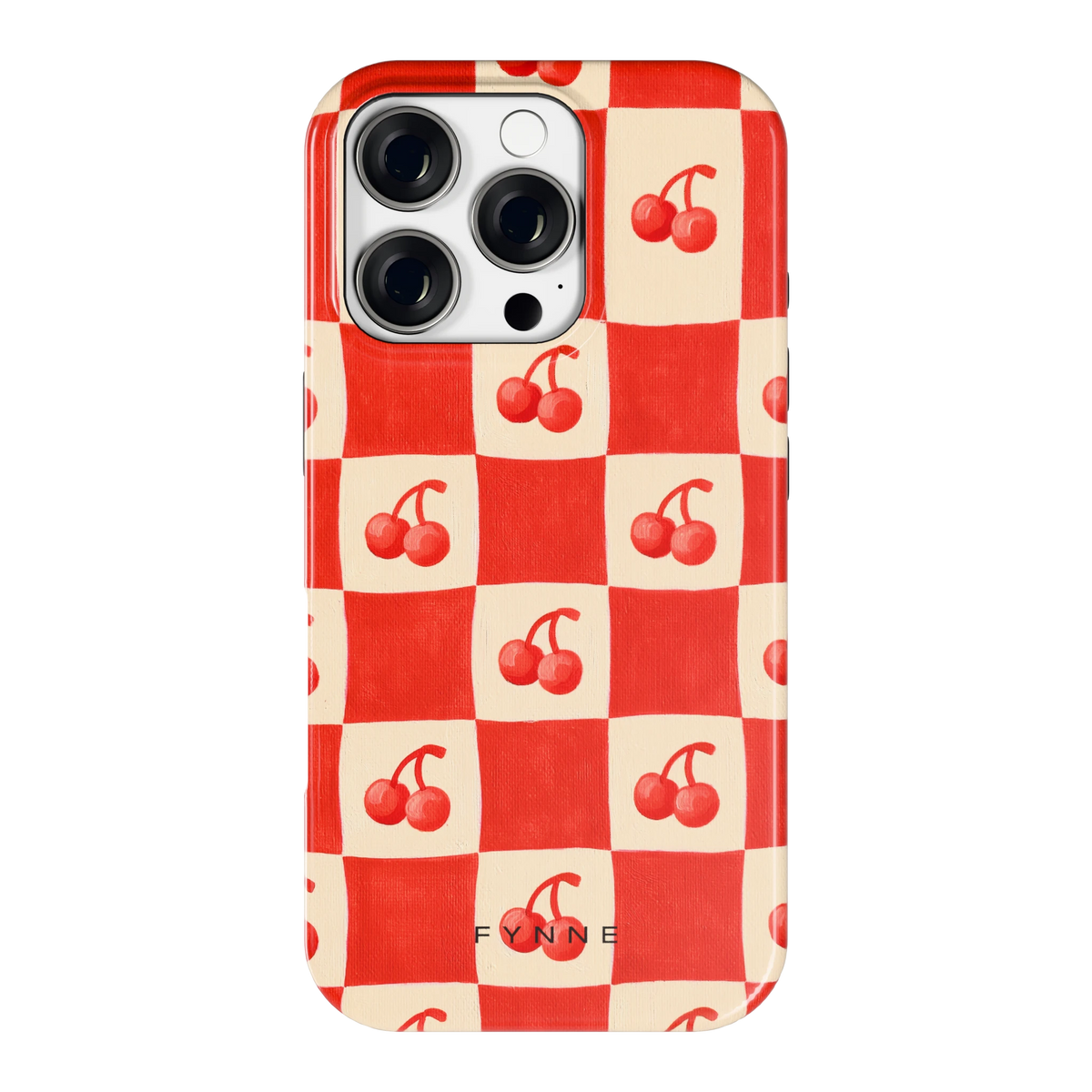 Kersen Schaakbord hoesje voor iPhone 16 Pro, achterkant