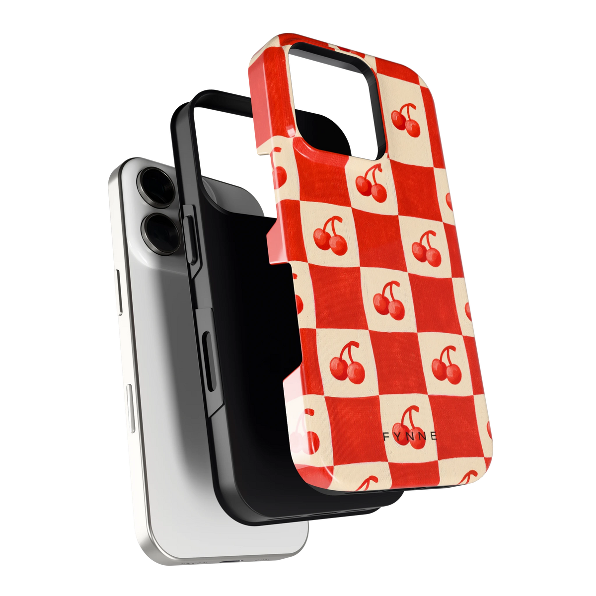 Kersen Schaakbord hoesje voor iPhone 16 Pro, los van de telefoon