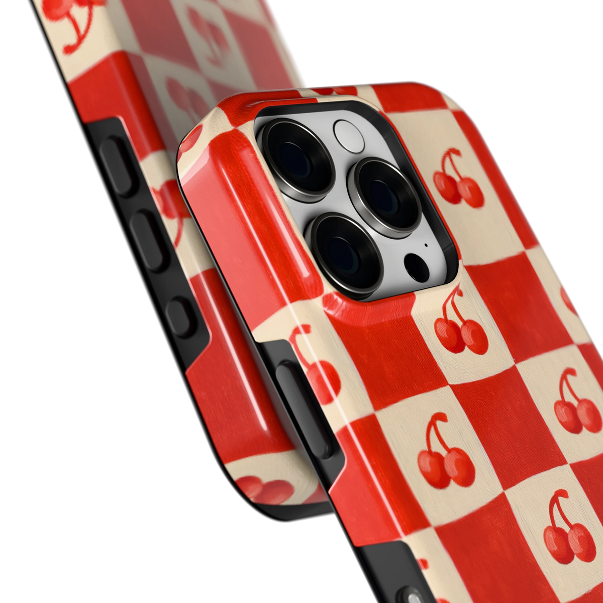 Kersen Schaakbord hoesje voor iPhone 16 Pro, close-up