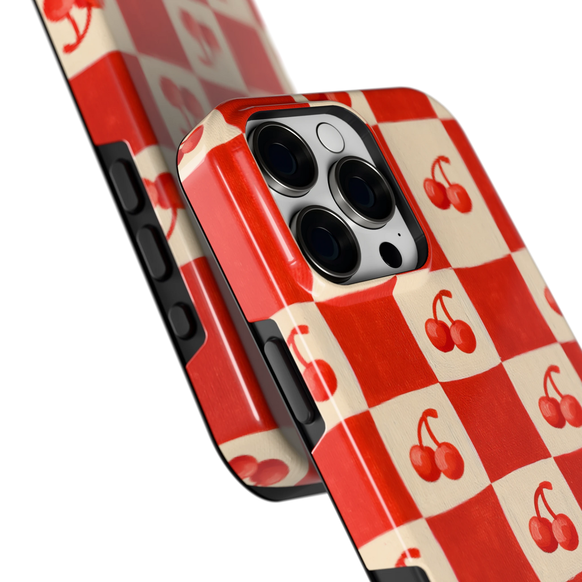 Kersen Schaakbord hoesje voor iPhone 16 Pro Max, close-up