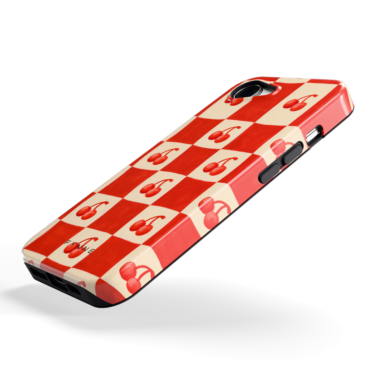 Kersen Schaakbord hoesje voor iPhone 16e, schuin