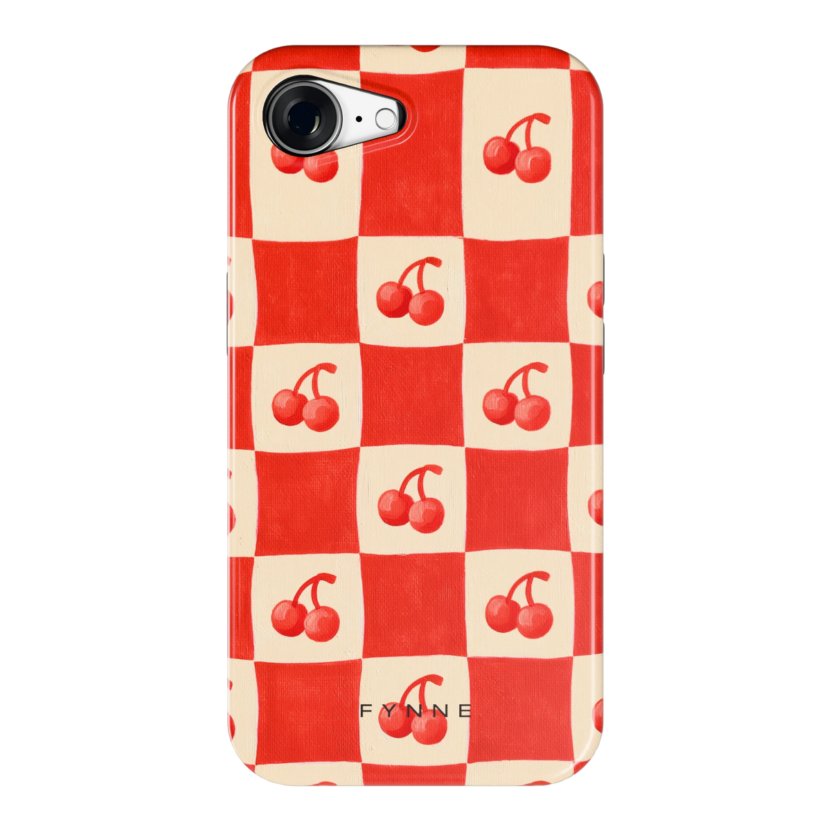 Kersen Schaakbord hoesje voor iPhone 16e, achterkant