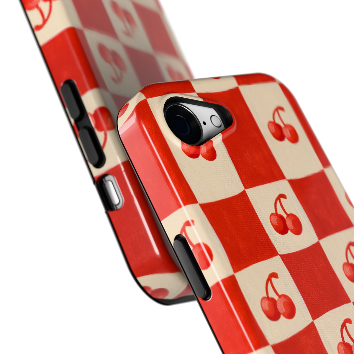 Kersen Schaakbord hoesje voor iPhone 16e, close-up