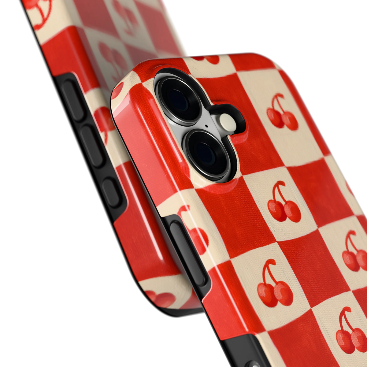 Kersen Schaakbord hoesje voor iPhone 17, close-up