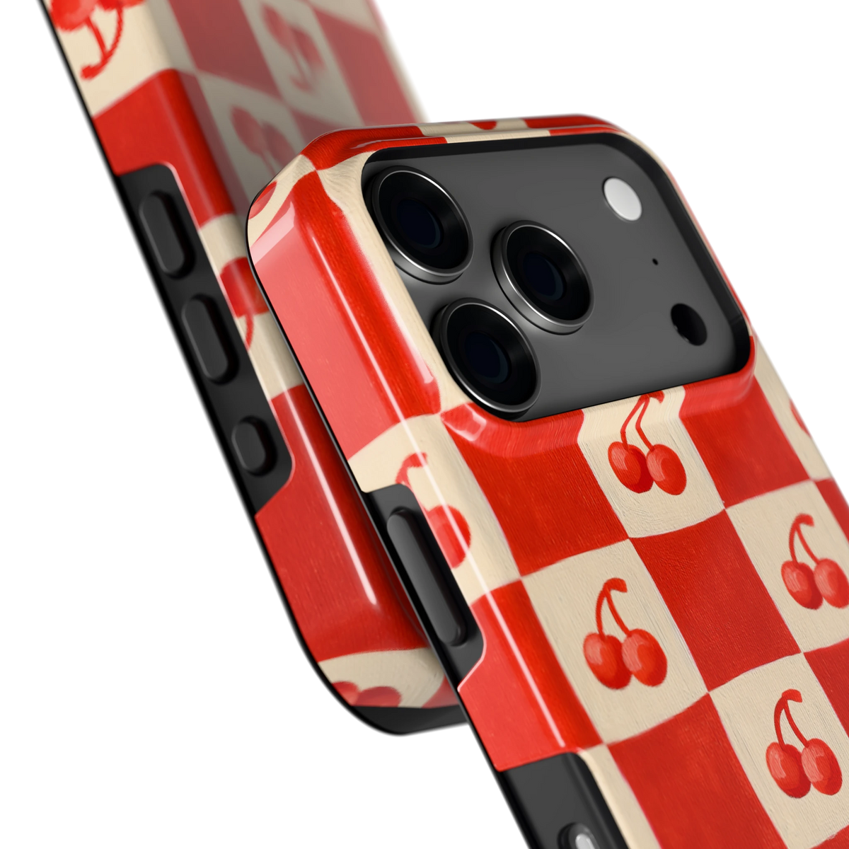 Kersen Schaakbord hoesje voor iPhone 17 Pro, close-up