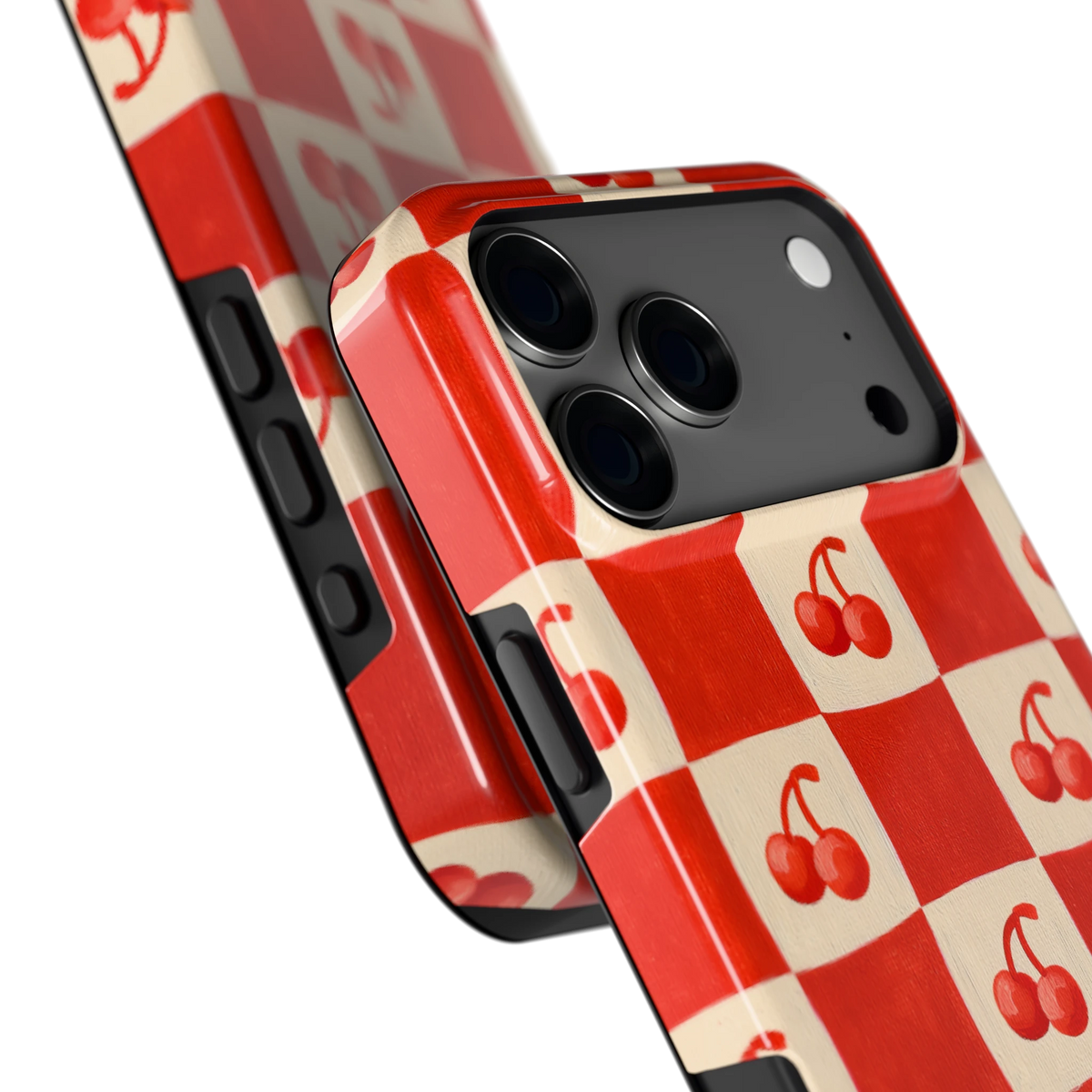Kersen Schaakbord hoesje voor iPhone 17 Pro Max, close-up