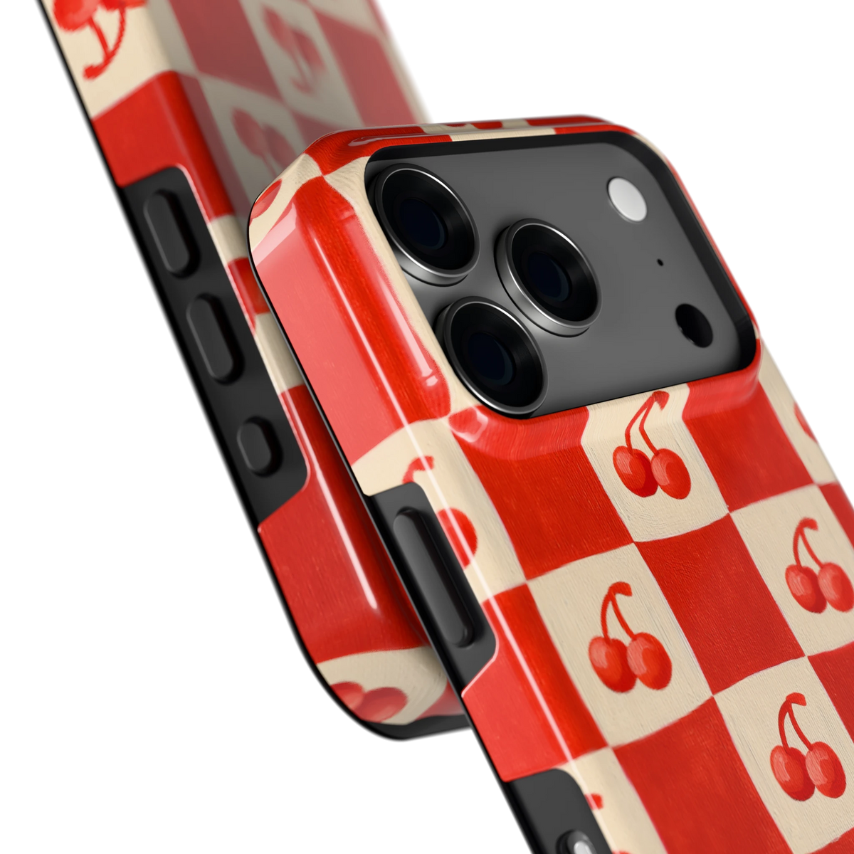 Kersen Schaakbord hoesje voor iPhone 18 Pro, close-up