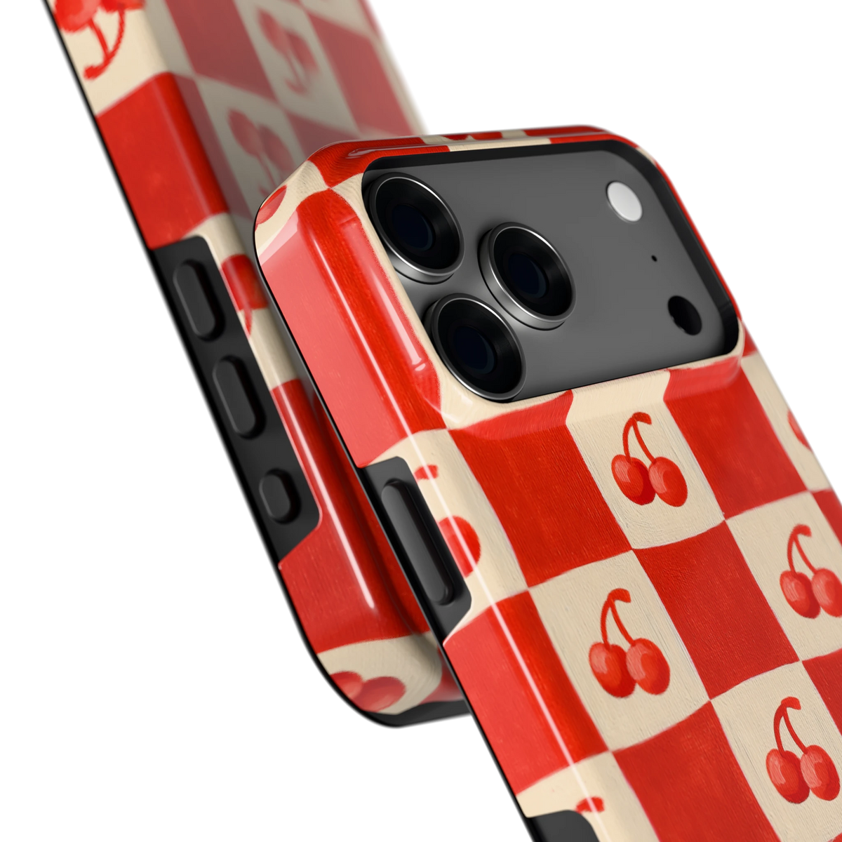 Kersen Schaakbord hoesje voor iPhone 18 Pro Max, close-up