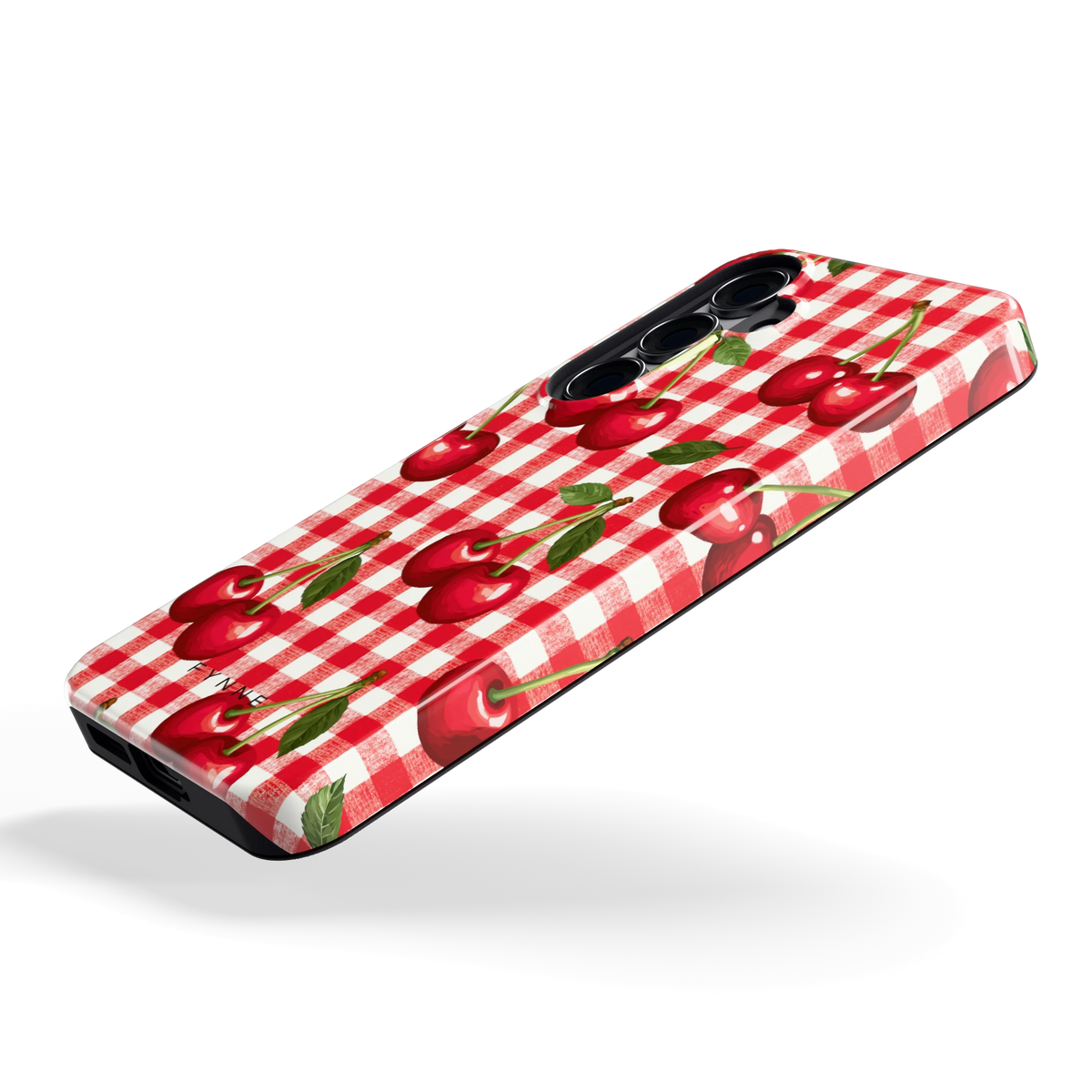 Kersen Gingham hoesje voor Galaxy S25, schuin