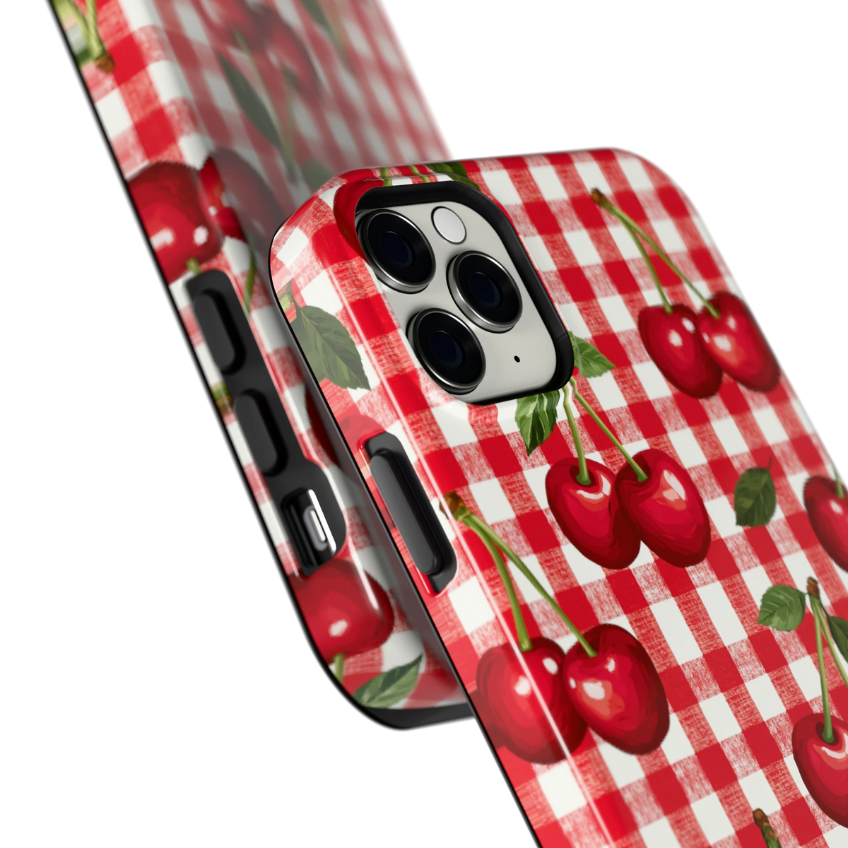Kersen Gingham hoesje voor iPhone 11 Pro Max, close-up