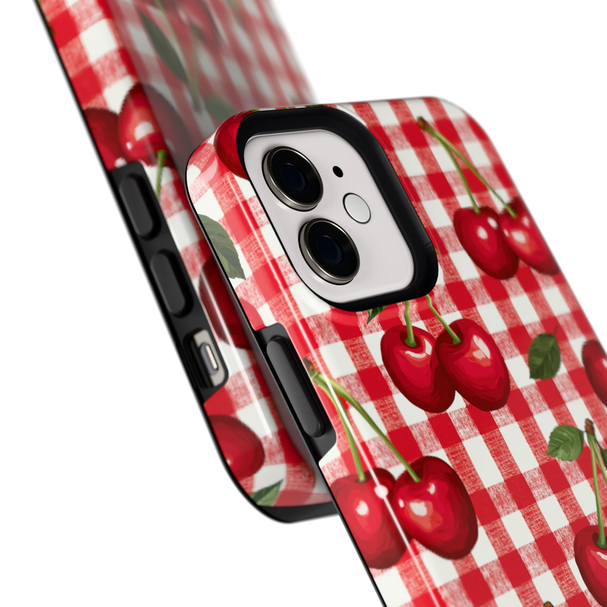 Kersen Gingham hoesje voor iPhone 12, close-up