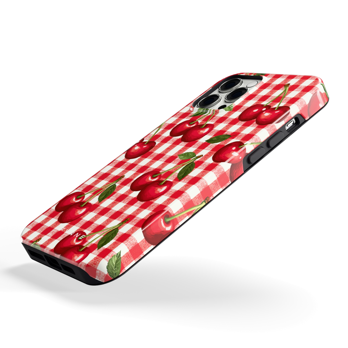 Kersen Gingham hoesje voor iPhone 12 Pro Max, schuin