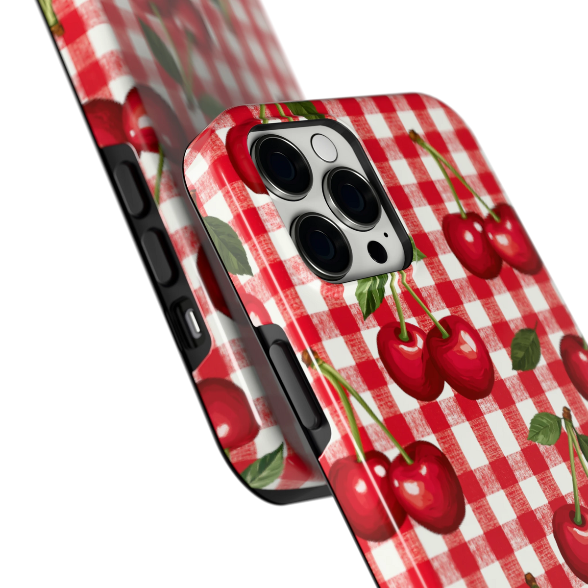 Kersen Gingham hoesje voor iPhone 12 Pro Max, close-up