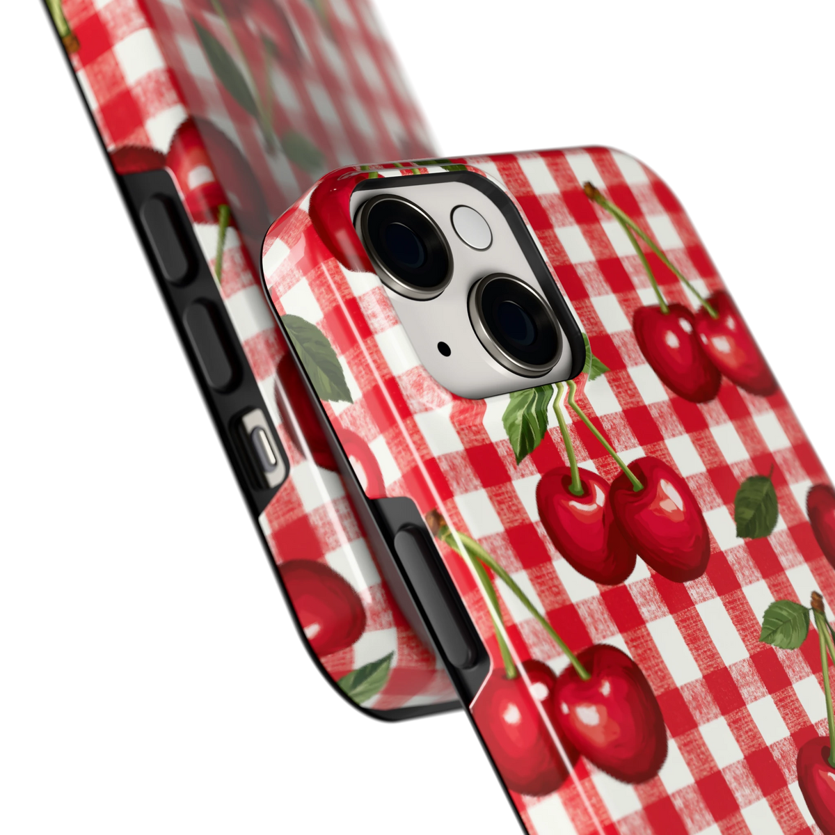 Kersen Gingham hoesje voor iPhone 14, close-up