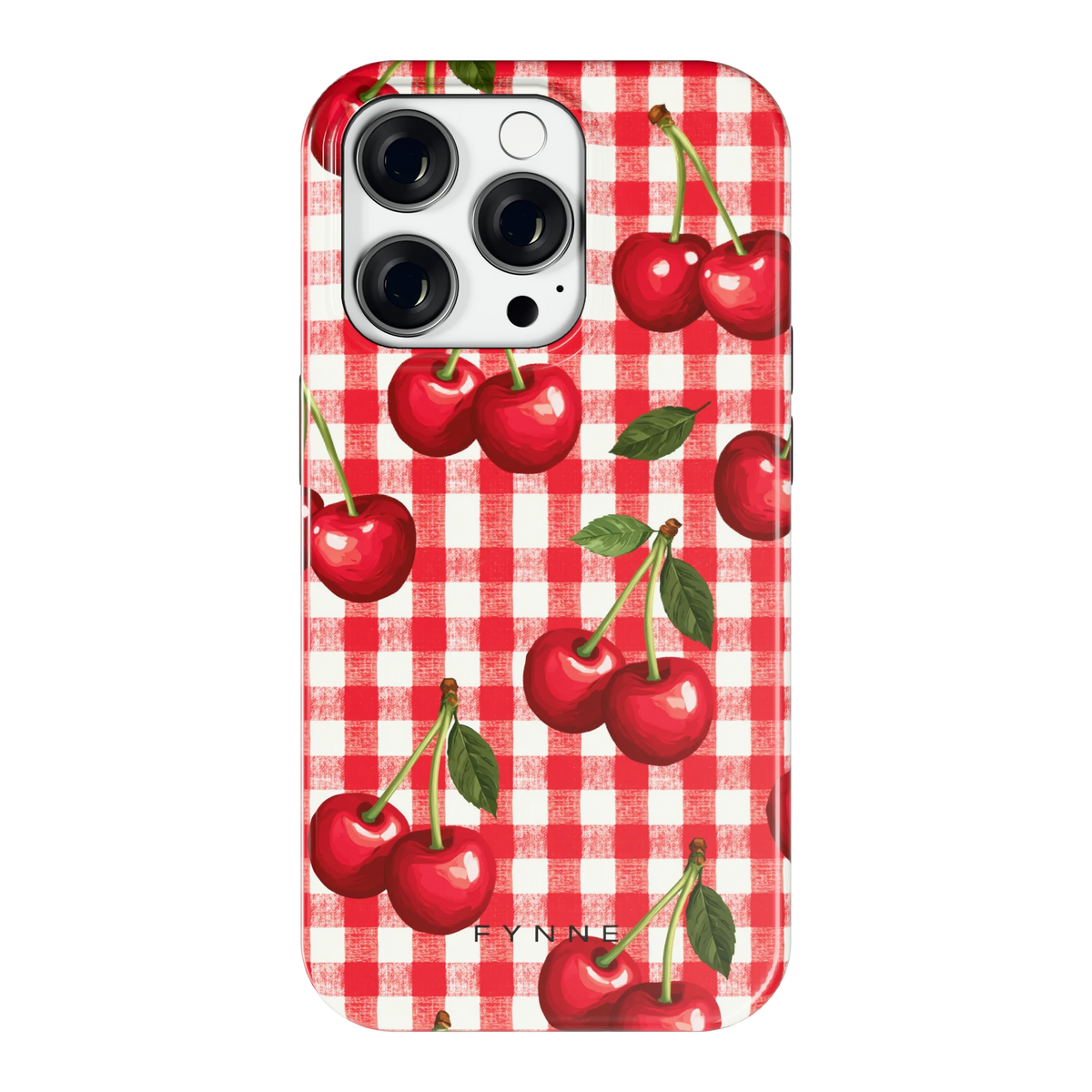 Kersen Gingham hoesje voor iPhone 14 Pro, achterkant