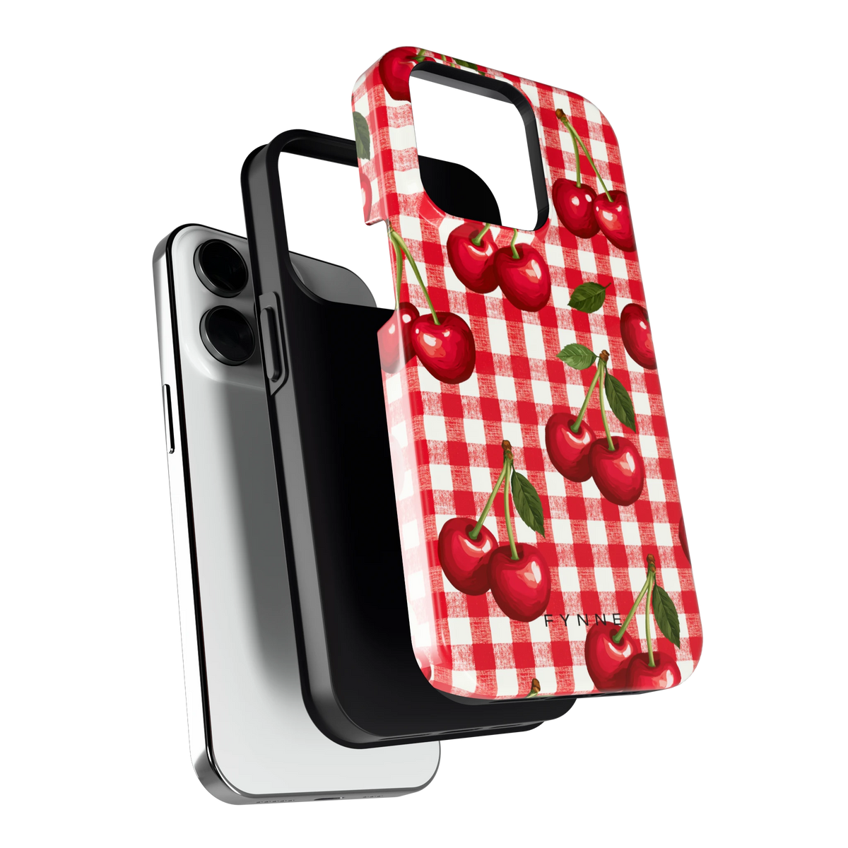 Kersen Gingham hoesje voor iPhone 14 Pro, los van de telefoon