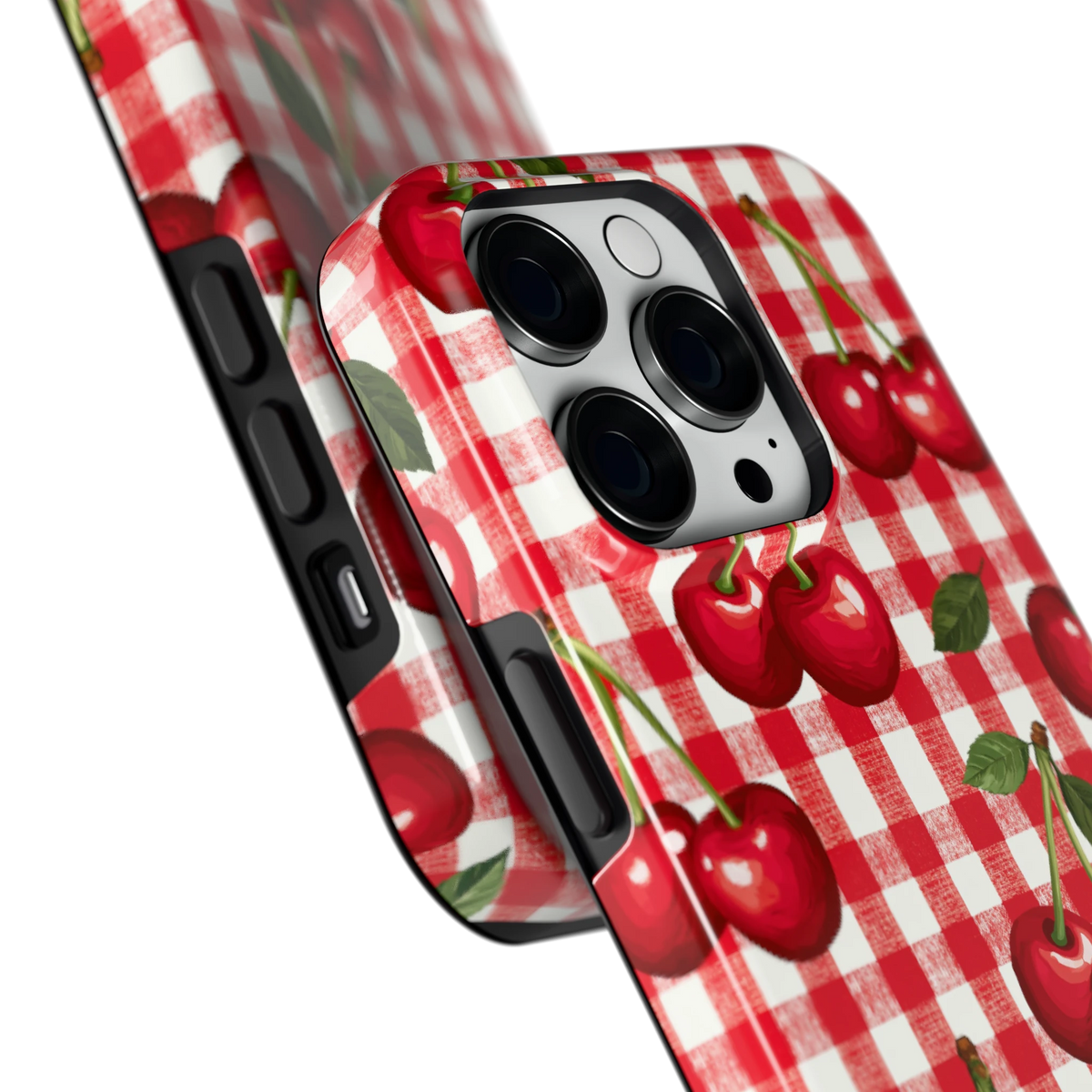 Kersen Gingham hoesje voor iPhone 14 Pro, close-up