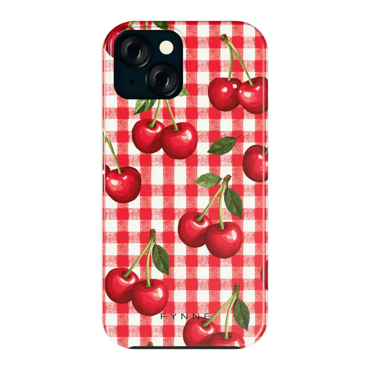 Kersen Gingham hoesje voor iPhone 15, achterkant