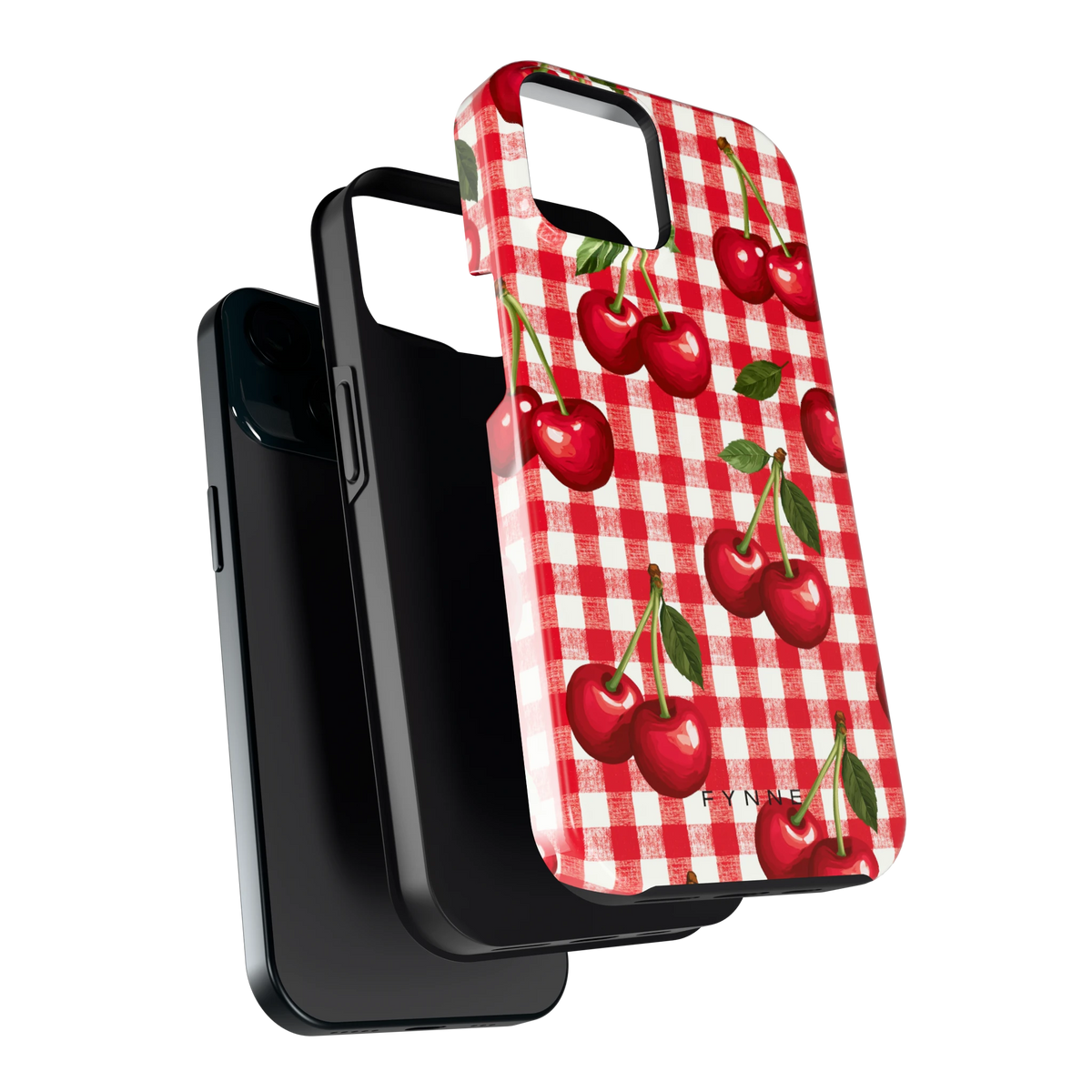 Kersen Gingham hoesje voor iPhone 15, los van de telefoon